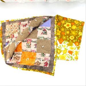 70's Print CottageCore Birdhouse Floral Reversible Quilt Blanket Throw 36x36